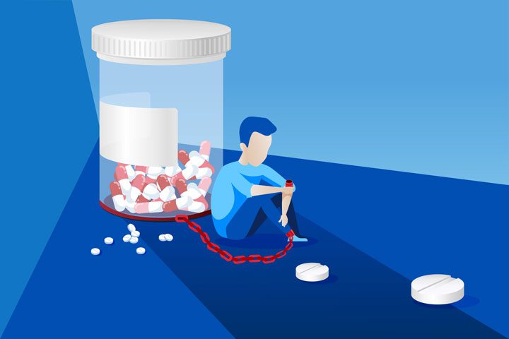 illustration of man shackled to pill bottle in dark room - prescription drug addiction