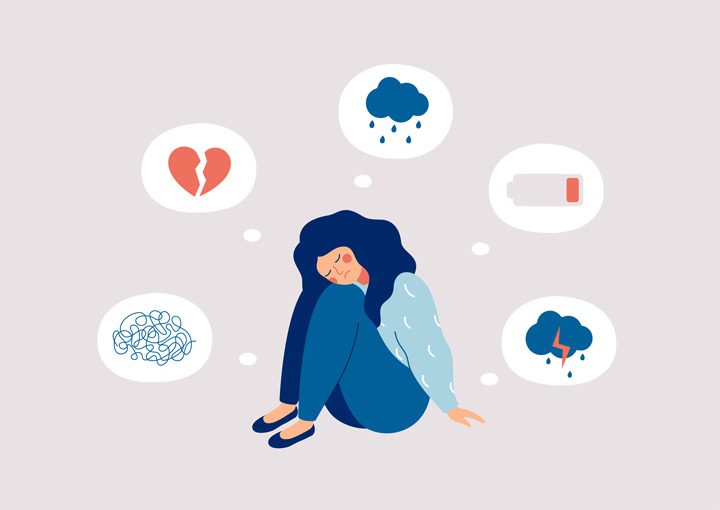digital illustration of woman who is sitting on the ground with several thought bubbles above her head including a broken heart, a depleted battery, and more -